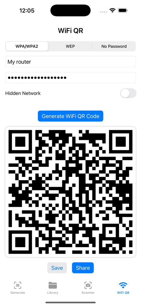 Barcodes Generator Unlimited - A mobile app interface for generating a WiFi QR code with network security settings and a generated code.