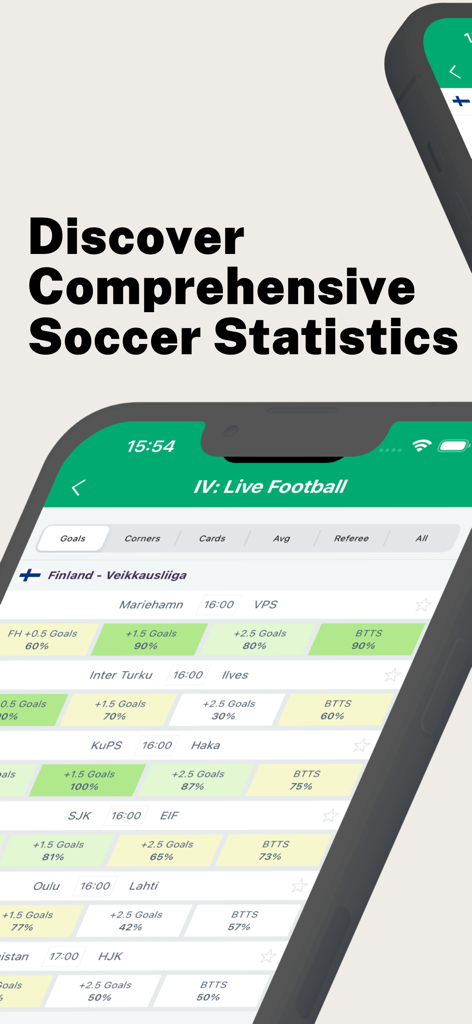 IV: Live Soccer Scores Stats - Una pantalla de teléfono inteligente que muestra estadísticas detalladas de fútbol y predicciones de partidos.
