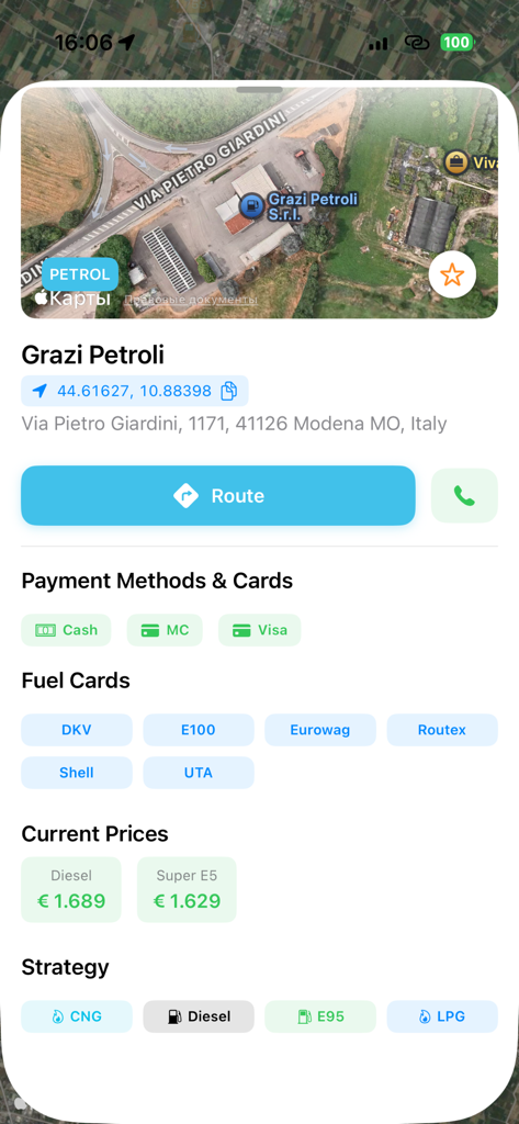 iDrive Truck - Fuel station details including current prices and supported fuel cards in the iDrive Truck app