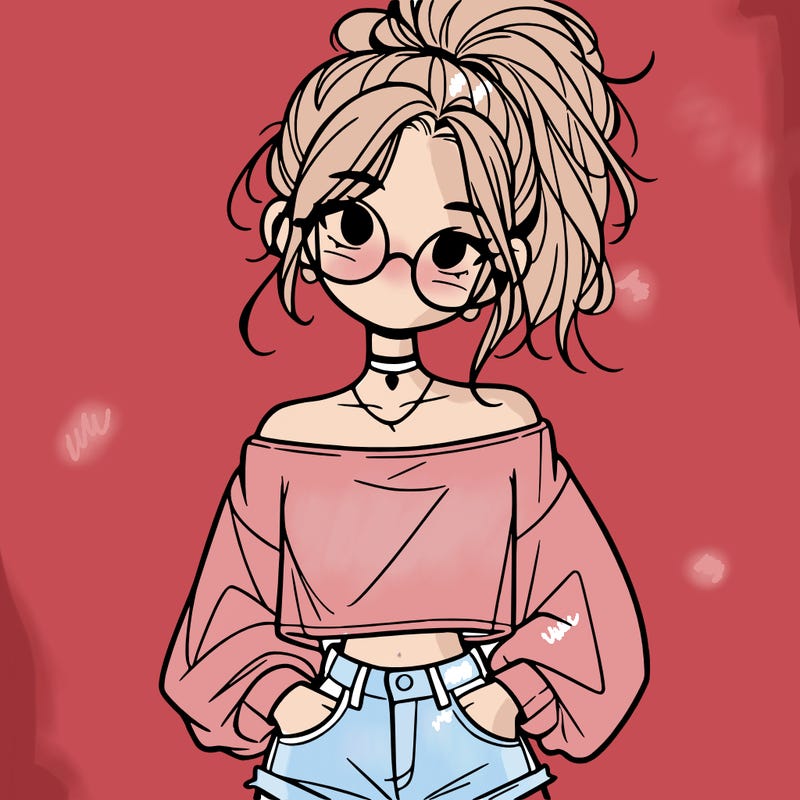 girl with a messy ponytail glasses a baggy crop top and jean shorts