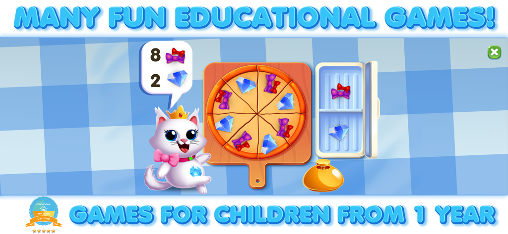 Educational pizza counting game for toddlers featuring a cute cartoon cat