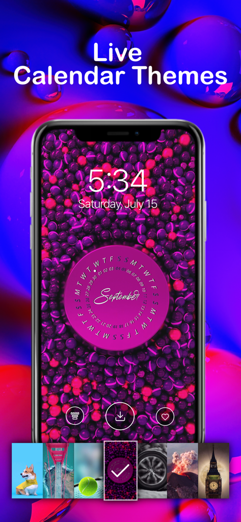 iPhone lock screen showing a custom live calendar theme with a purple textured wallpaper