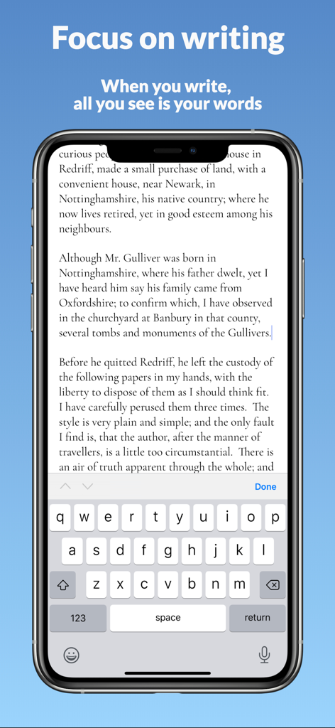 Narrative: Novel Writing App - Narrative writing app interface on an iPhone showing a minimalist distraction-free writing environment with a mobile keyboard