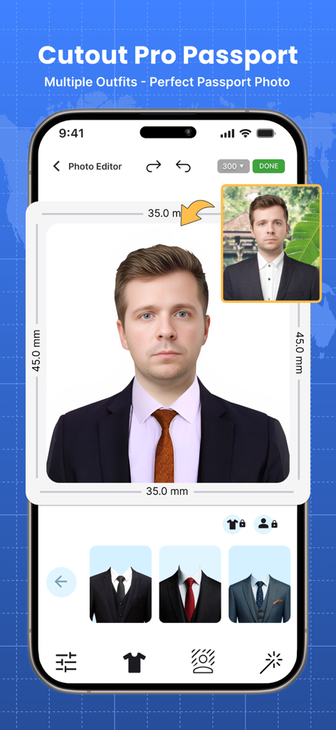 Cutout Pro Passport app interface showing AI photo editing and outfit selection for professional IDs