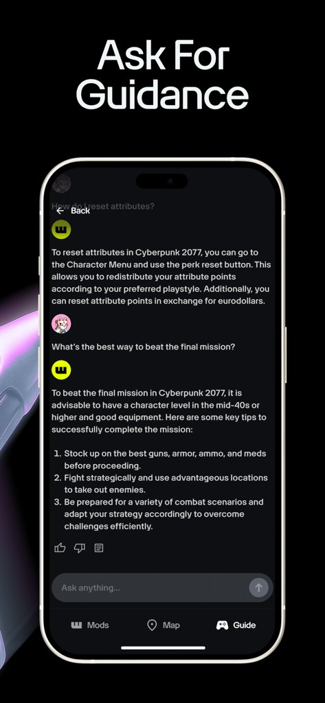 Wand Pro Remote (WeMod) - Smartphone screen displaying the Wand Pro Remote app game guidance feature with chat tips for Cyberpunk 2077
