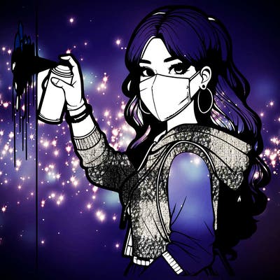 realistic girl with mask spray painting a wall