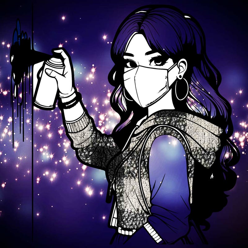 realistic girl with mask spray painting a wall