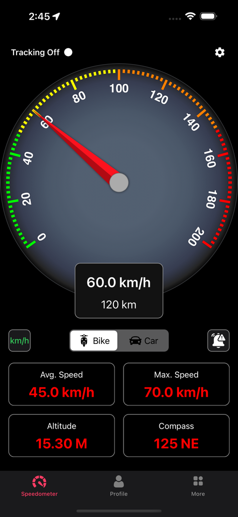 Speedometer - GPS Speedometer - Digital GPS speedometer interface showing 60 km/h with altitude and compass data in bike mode