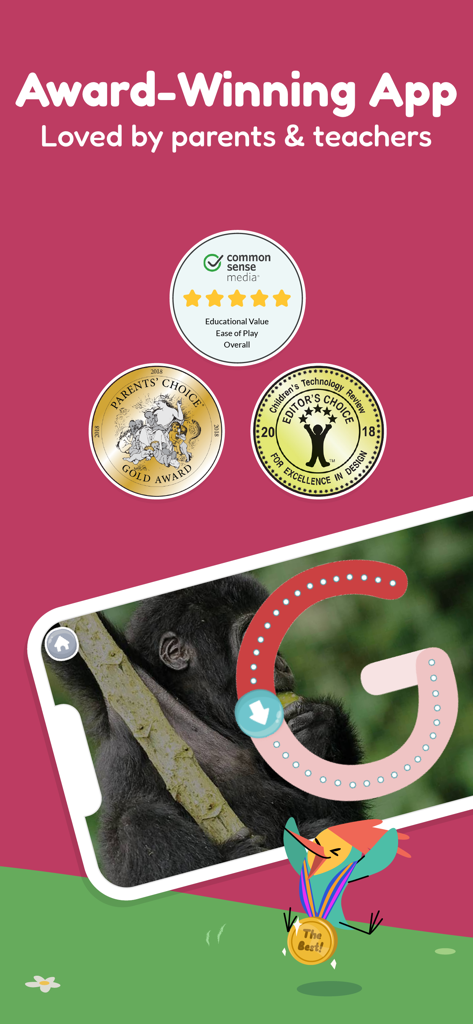 Khan Academy Kids - Khan Academy Kids app showing educational awards and a letter G tracing activity for kids