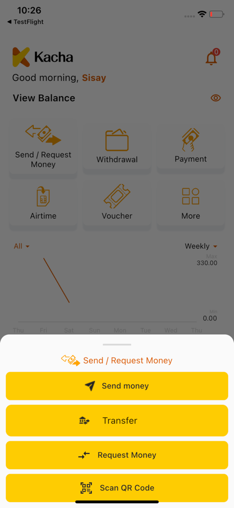 Kacha Customerアプリのホーム画面。送金および受取メニューが表示されています。