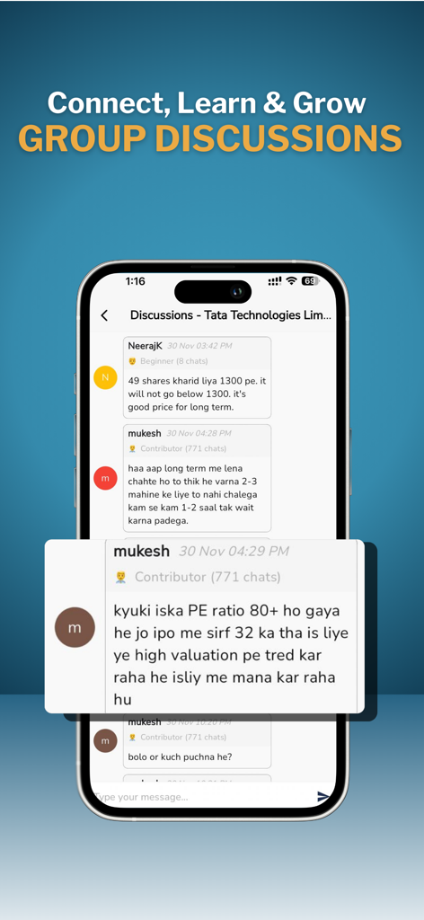 IPO Ji - IPO Info News & Apply - IPO Jiアプリ画面。インド株IPOに関するグループディスカッションフォーラムが表示されています