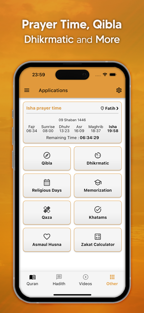 Quran and Tafsir ASR-I SAADET app screen showing prayer times and various Islamic religious tools like Qibla and Zakat calculator