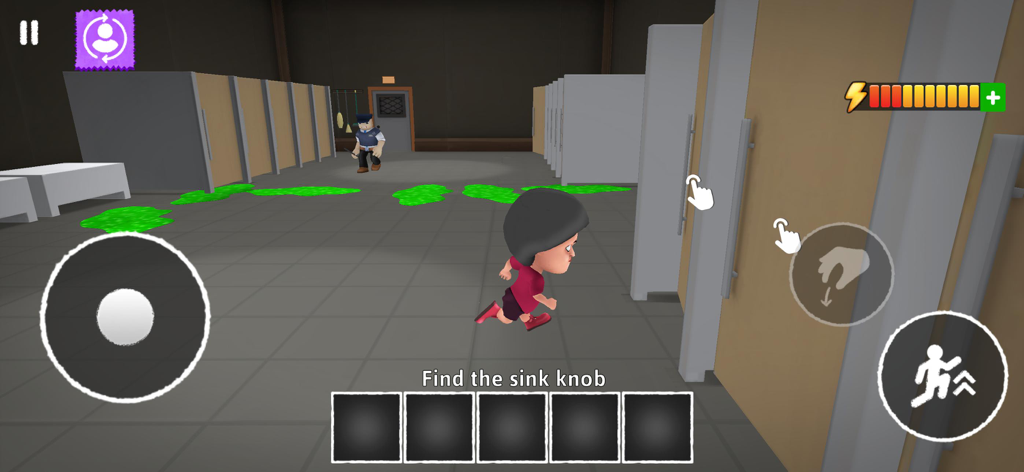A student character sneaking past a guard in a school bathroom level