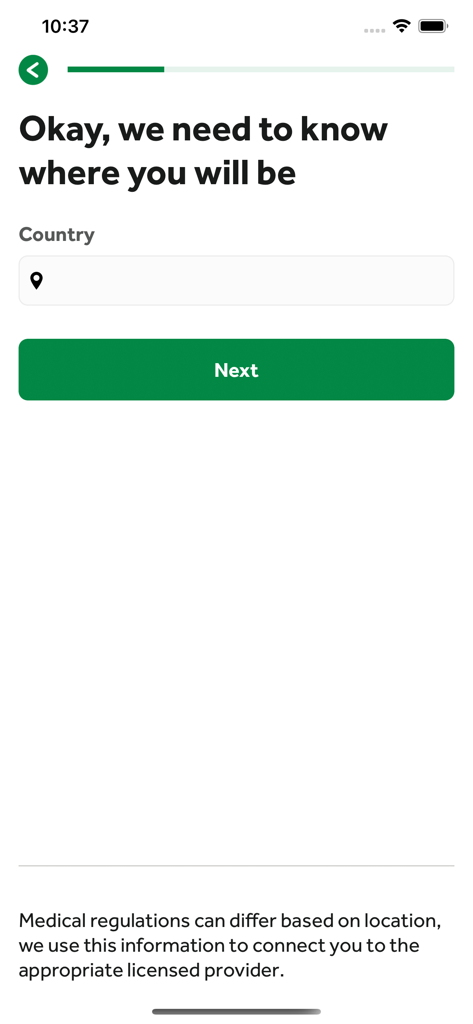 Health365 - Health365 app registration screen asking for the user's country to comply with medical regulations.