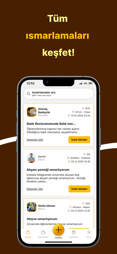 Ismarlıyo - Öğrenciye Ismarla - Interfaz de aplicación móvil que muestra una lista de golosinas y comidas ofrecidas a estudiantes por donantes y negocios locales.