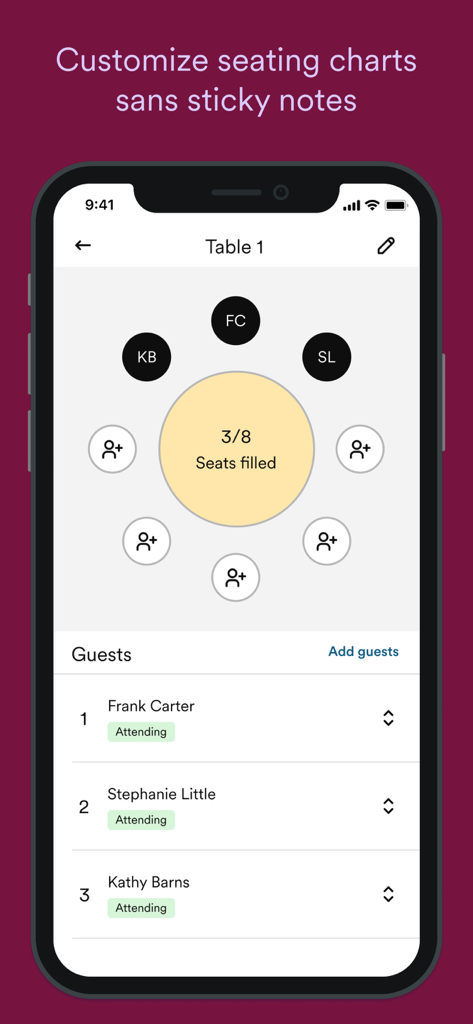 Zola - Wedding Planner - Interface of the Zola app showing a digital seating chart for a wedding reception table.