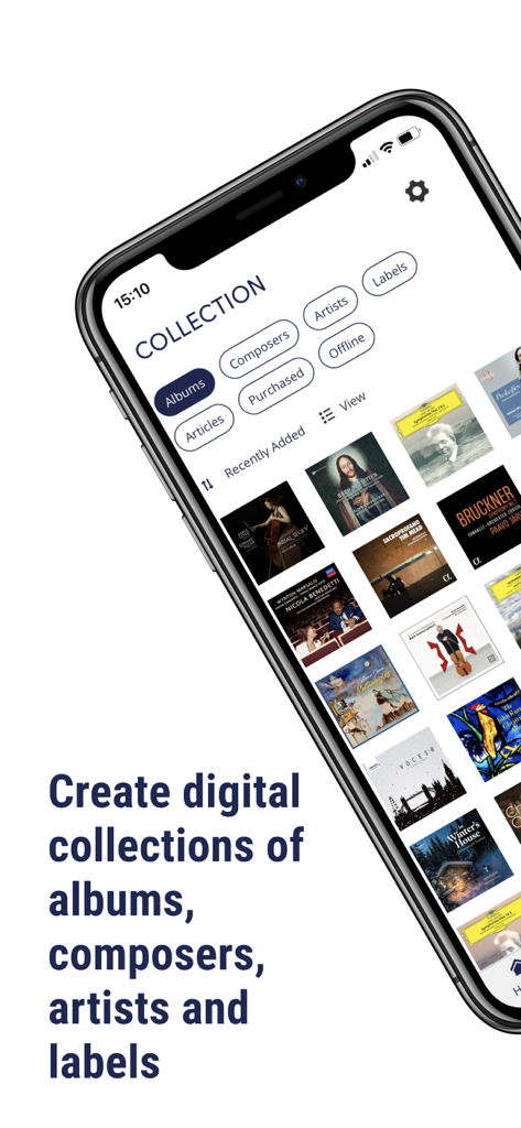 Presto Music - Interface of the Presto Music app showing a digital collection of classical and jazz album covers with filters for composers and artists.