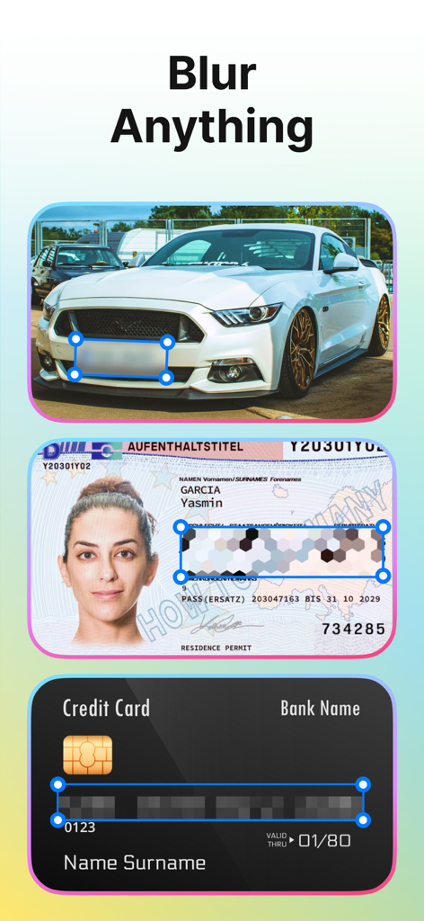 PhotoCut - AI Photo Editor - PhotoCut app demonstrating the blur feature to hide sensitive information on a car, ID card, and credit card.