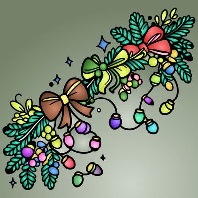christmas garland: decorated with lights and ribbons..simple vector art
