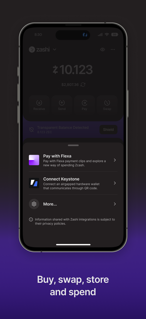 Zashi: Zcash Wallet - Zashi Zcash Wallet Benutzeroberfläche mit Kontostand und Zahlungsoptionen
