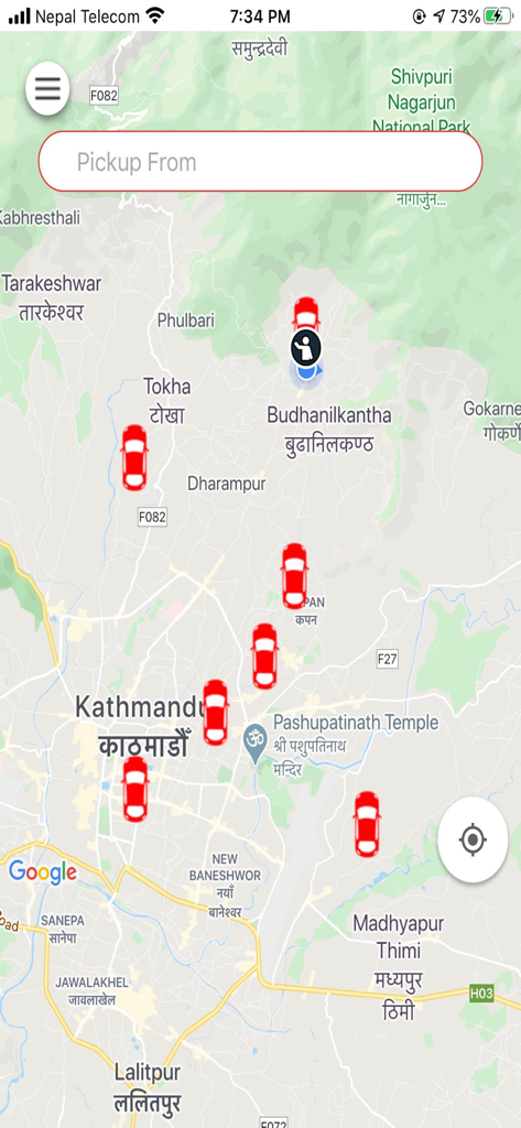 Taximandu - Interfaz de la aplicación Taximandu que muestra ubicaciones de taxis en tiempo real en un mapa de Katmandú.
