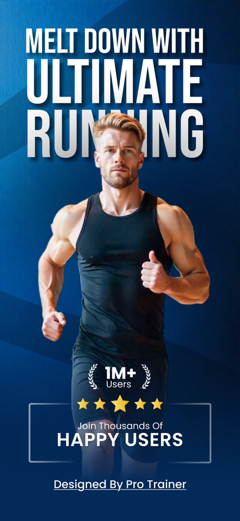 A muscular man running with text promoting ultimate running and one million plus users
