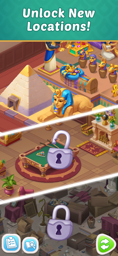 Mansion Tale: Merge Secrets - Screenshot of Mansion Tale showing different unlockable themed rooms like an Egyptian museum and a billiards room.