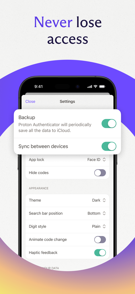 Proton Authenticator - Proton Authenticator settings screen showing options for encrypted iCloud backup and device synchronization