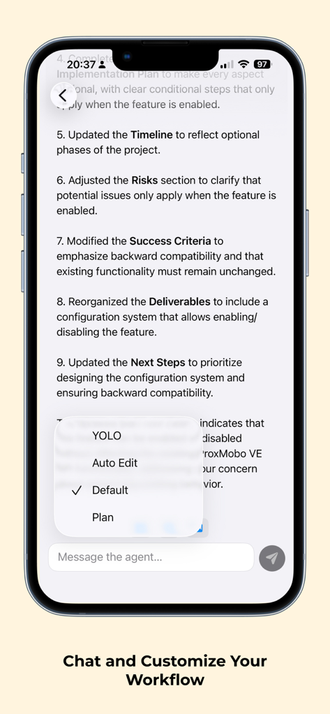 Agmente - Chat interface of Agmente app displaying project updates and a workflow selection menu.
