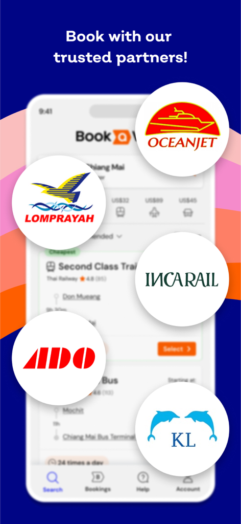 Bookaway: Bus Train & Ferry - Showcase of Bookaway's trusted global transport partners including Inca Rail, ADO, and Oceanjet logos.