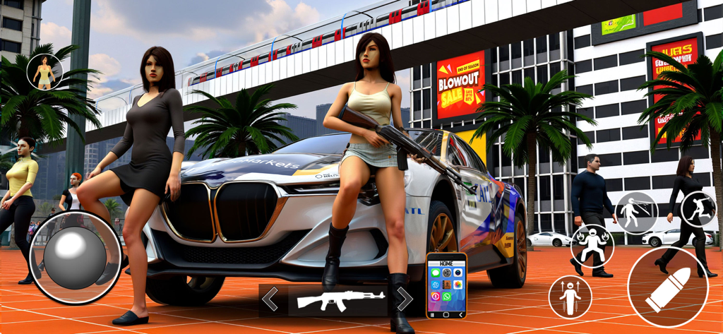 Gangster City Crime Mafia Game - Female gangster with rifle sitting on a sports car in an urban setting