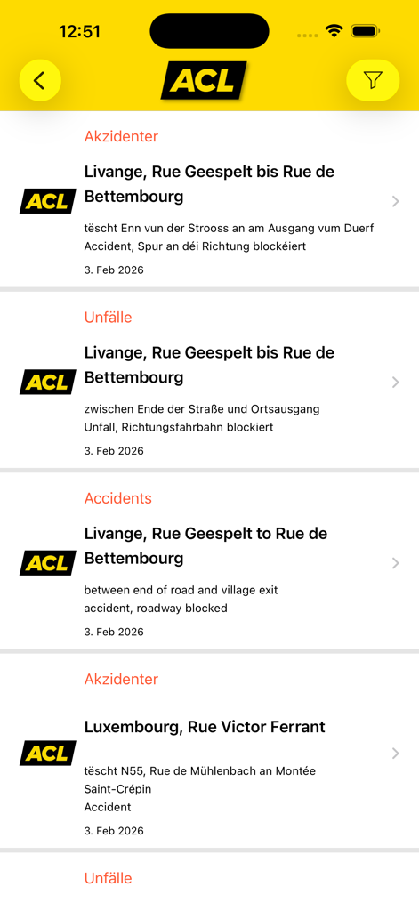 ACL App - Lista de acidentes de trânsito em tempo real e bloqueios de estradas no Luxemburgo na interface do aplicativo ACL