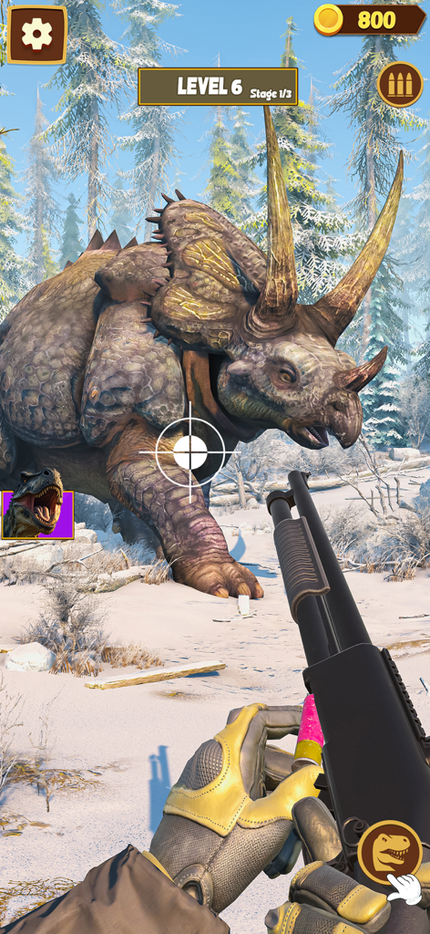Dinosaur Hunting-Universe Game - First-person shooter view hunting a large dinosaur in a snowy forest environment.
