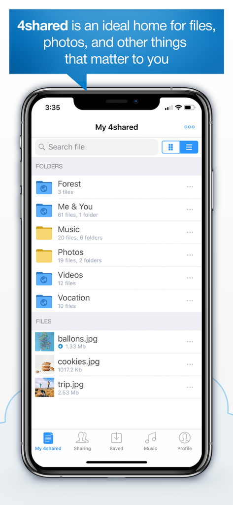 4shared Mobile - Interfaz de la aplicación 4shared Mobile mostrando carpetas y archivos organizados en el almacenamiento en la nube