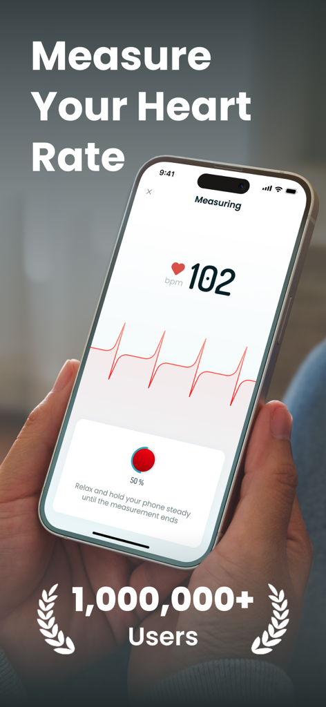 Pantalla del iPhone que muestra la aplicación HealthBit midiendo una frecuencia cardíaca de 102 lpm con un gráfico de latidos.