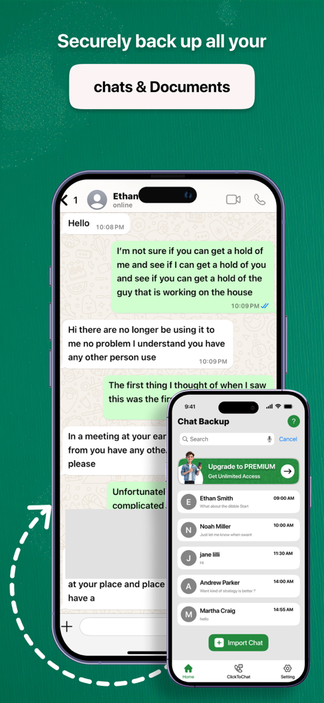 Chat Backup & Direct Chat - iPhone screen displaying chat backup history and message archiving features