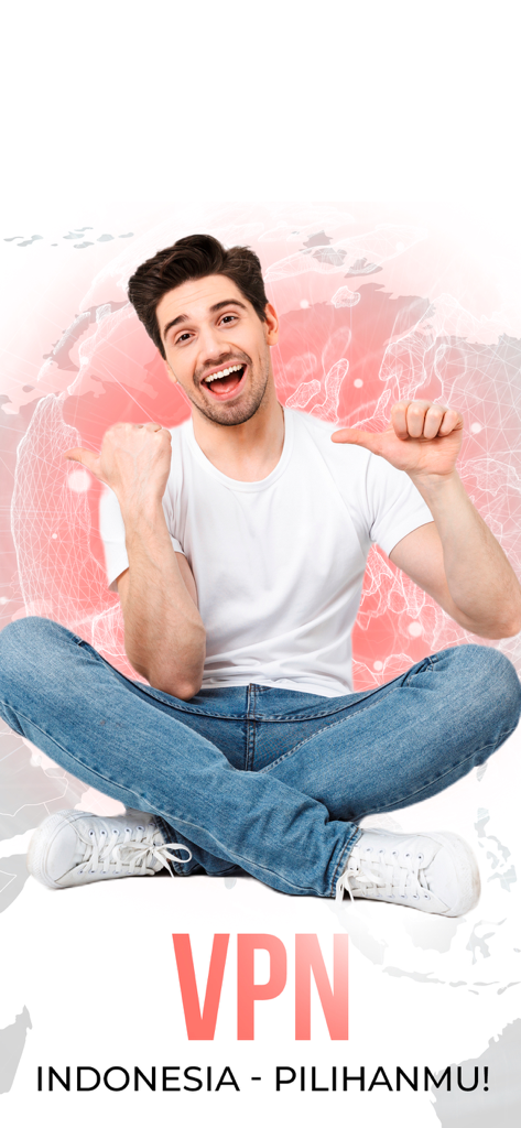 VPN Indonesia – Secure & Fast - A smiling man sitting cross-legged in front of a red map of Indonesia with the text VPN Indonesia Pilihanmu