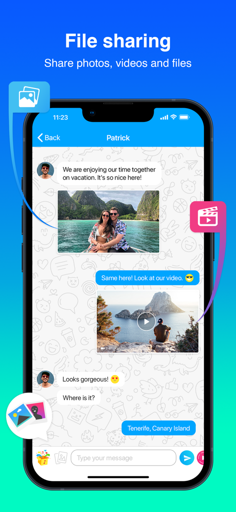 Mint Messenger - Private Chat - Mint Messenger private chat interface showing photo and video sharing between users