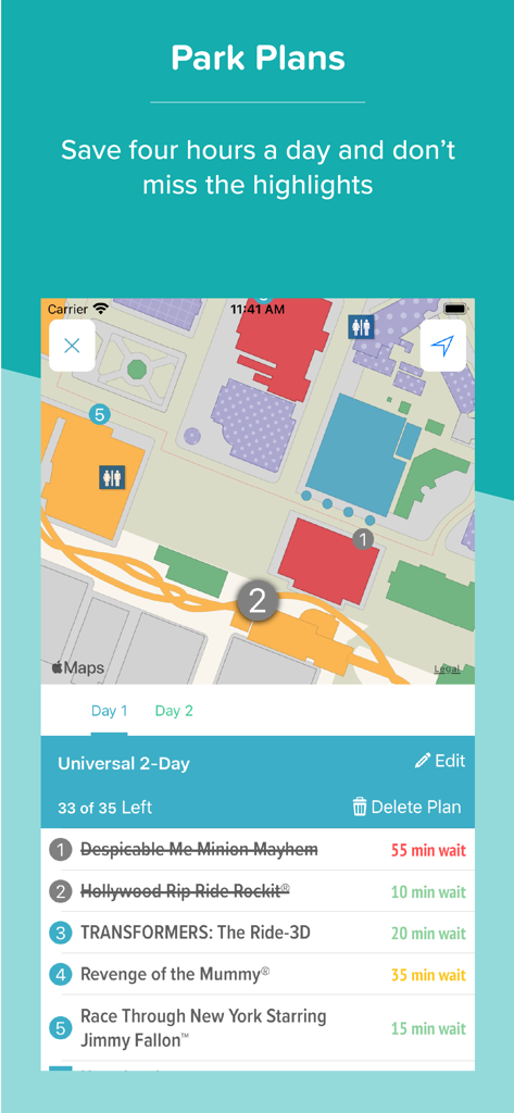 Orlando Theme Park Day - Orlando Theme Park Day app showing a touring plan for Universal Orlando with ride wait times and an interactive map