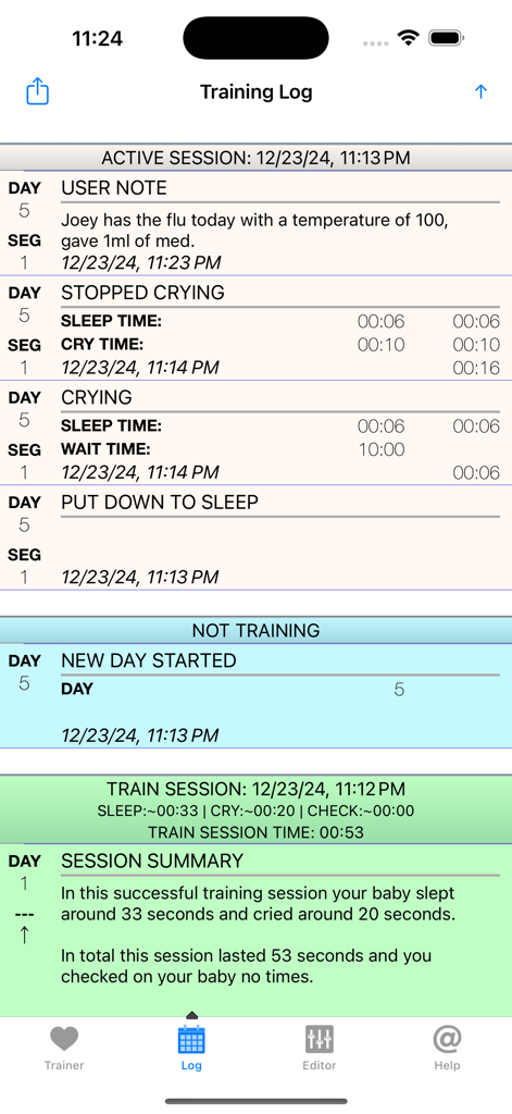 Baby Sleep Trainer - A detailed training log screen in the Baby Sleep Trainer app showing sleep and cry times, session summaries, and personalized user notes.