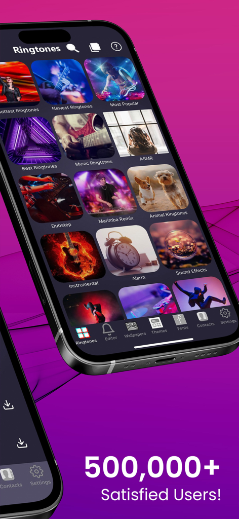 다양한 사운드 카테고리와 음악 스타일을 보여주는 iPhone용 벨소리 앱 인터페이스