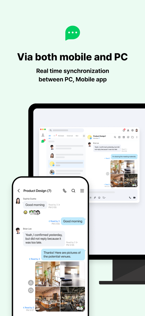 Application de communication d'équipe LINE WORKS montrant la synchronisation en temps réel entre les interfaces mobile et PC
