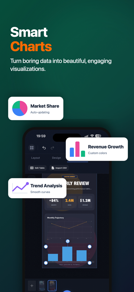 InfoGraphic and Poster Creator - Mobile App-Oberfläche mit intelligenten Diagrammen und Datenvisualisierungswerkzeugen zur Erstellung professioneller Infografiken.