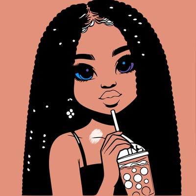 realistic girl holding a boba with braided hair