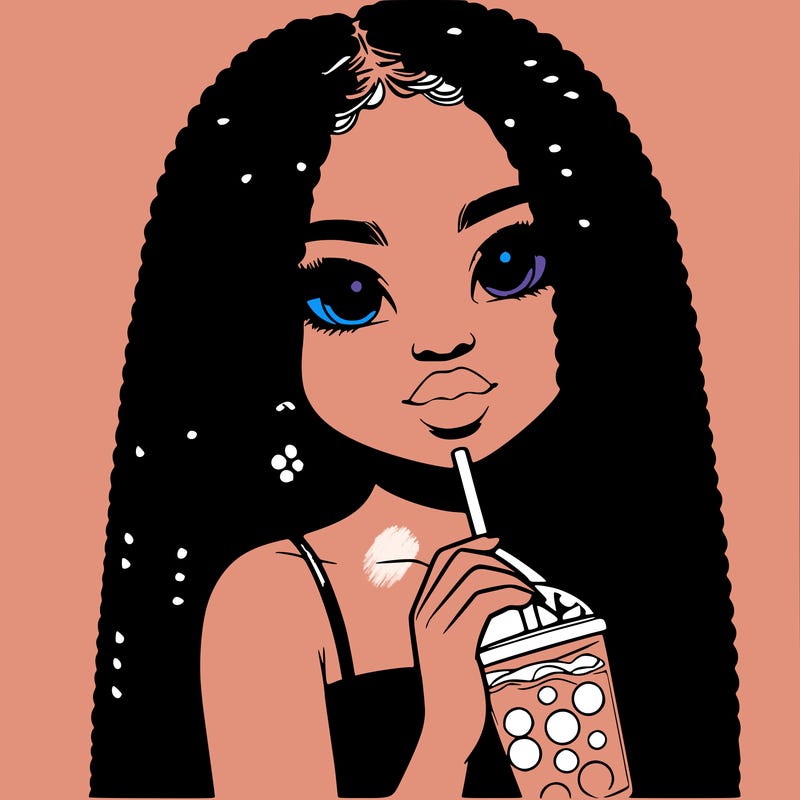 realistic girl holding a boba with braided hair