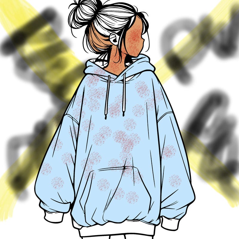 realistic girl with a oversized sweatshirt on and a bun