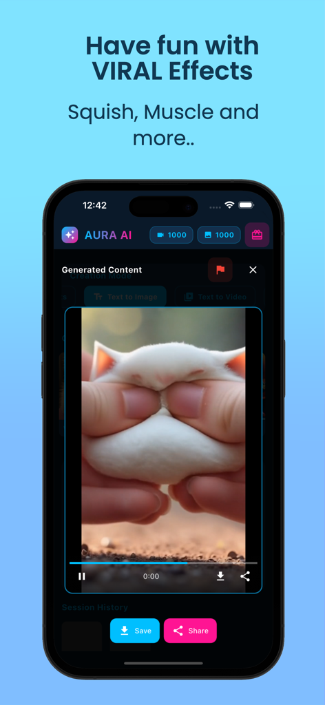 Aura AI app interface showing a generated video of fingers squishing a soft white creature with viral effects