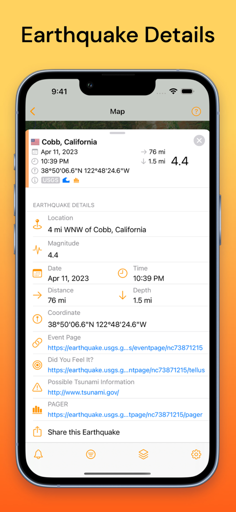 Detailed information for a 4.4 magnitude earthquake in Cobb California on the QuakeFeed app