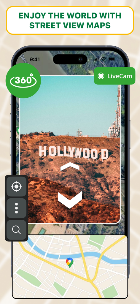 Interface do aplicativo Street View 360 mostrando uma vista panorâmica da placa de Hollywood