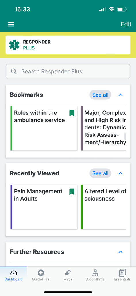 Responder Plus - Dashboard of Responder Plus app showing bookmarked and recently viewed medical protocols and resources